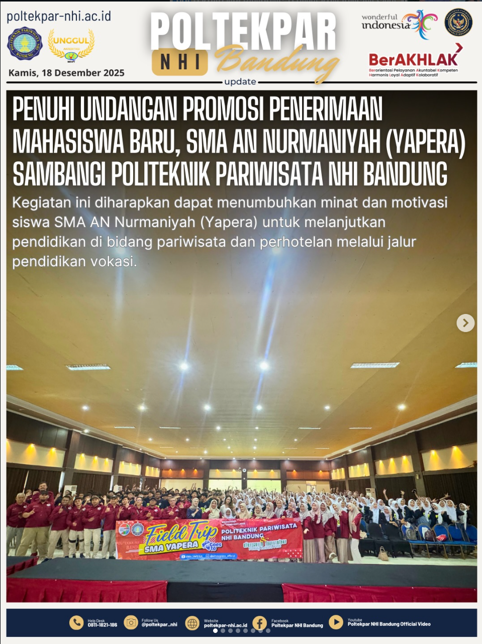 Penuhi Undangan Promosi Penerimaan Mahasiswa Baru, SMA An Nurmaniyah (Yapera) Sambangi Politeknik Pariwisata NHI Bandung