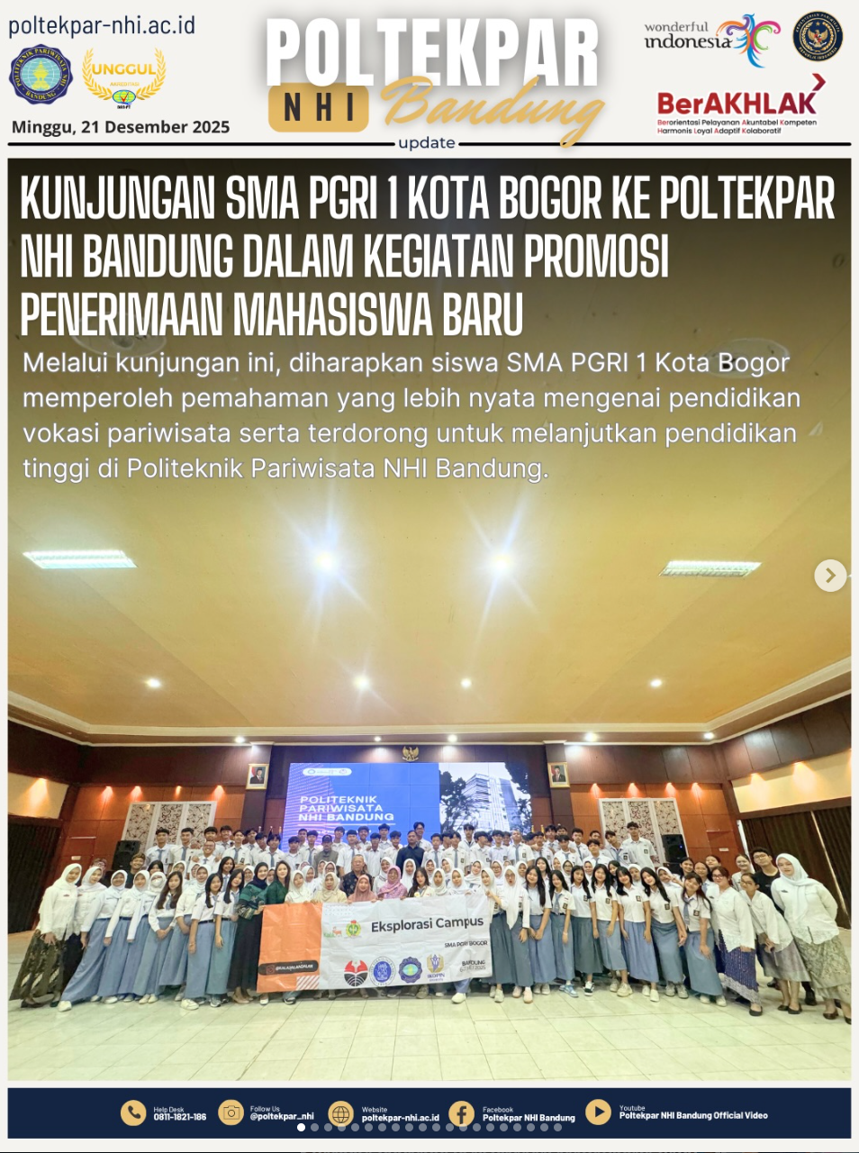 Kunjungan SMA PGRI 1 Kota Bogor Ke Poltekpar NHI Bandung Dalam Kegiatan Promosi Penerimaan Mahasiswa Baru